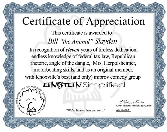 Bill's Certificate of Appreciation - Made by Wes Hope