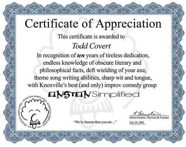 Todd's Certificate of Appreciation - Made by Wes Hope