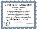 Todd's Certificate of Appreciation - Made by Wes Hope